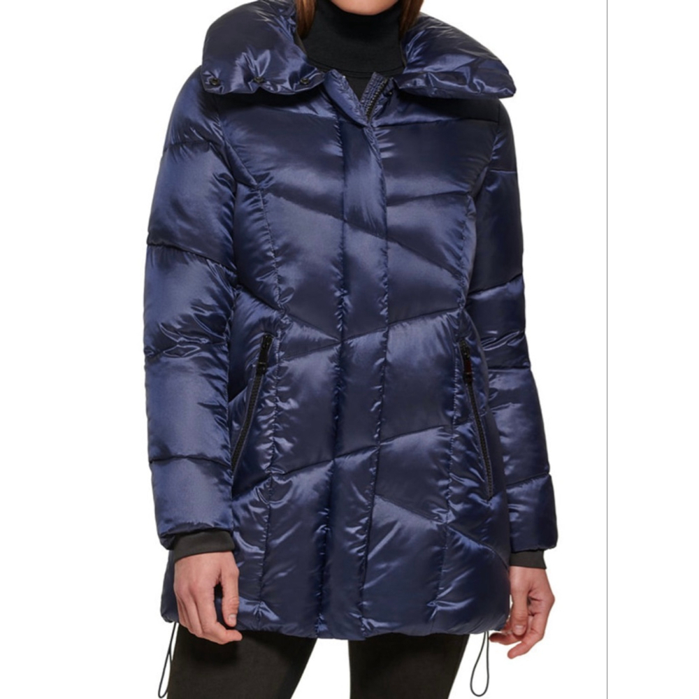 Calvin Klein Navy Chevron Puffer Coat Funnel Neck Jacket Women's M